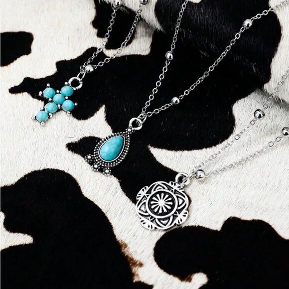 3pcs fake Turquoise cross Western Cowgirl Vintage style Chain Necklace Set - Picture 2 of 12